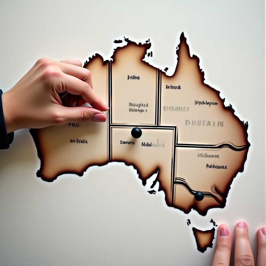 A map of Australia with pins on major cities like Melbourne and Sydney.