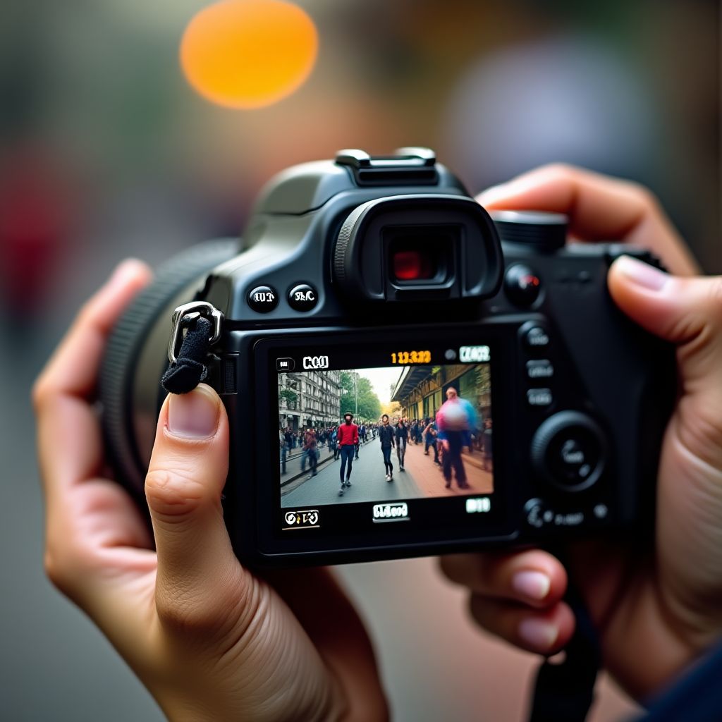 A close-up shot of a photographer reviewing photos on a digital camera screen.