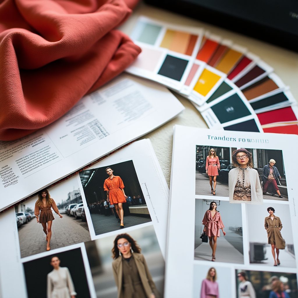 A mood board with fabric swatches, sketches, and photos of street fashion trends.
