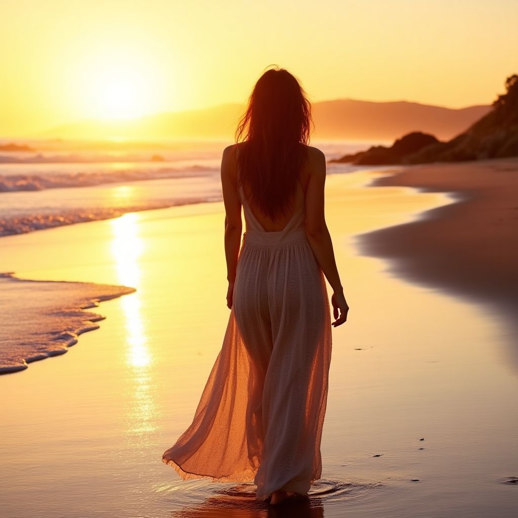A woman in a flowing dress on a beach in Byron Bay.