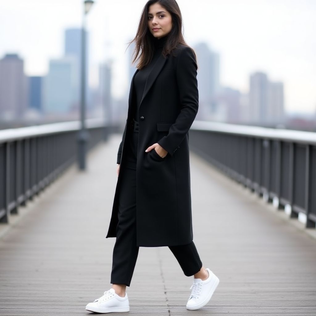 A person in a minimalist black and white outfit against a city backdrop.