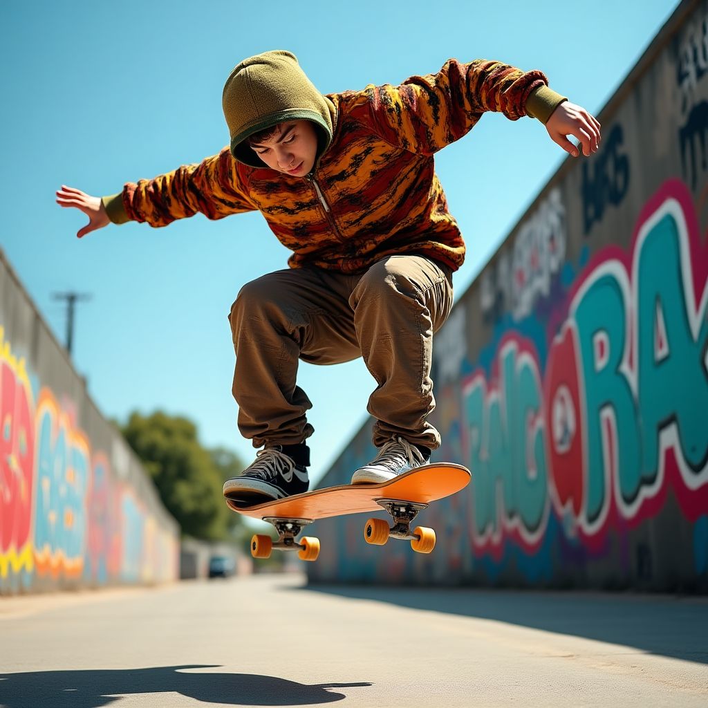 A skater in colorful clothes performing a trick.
