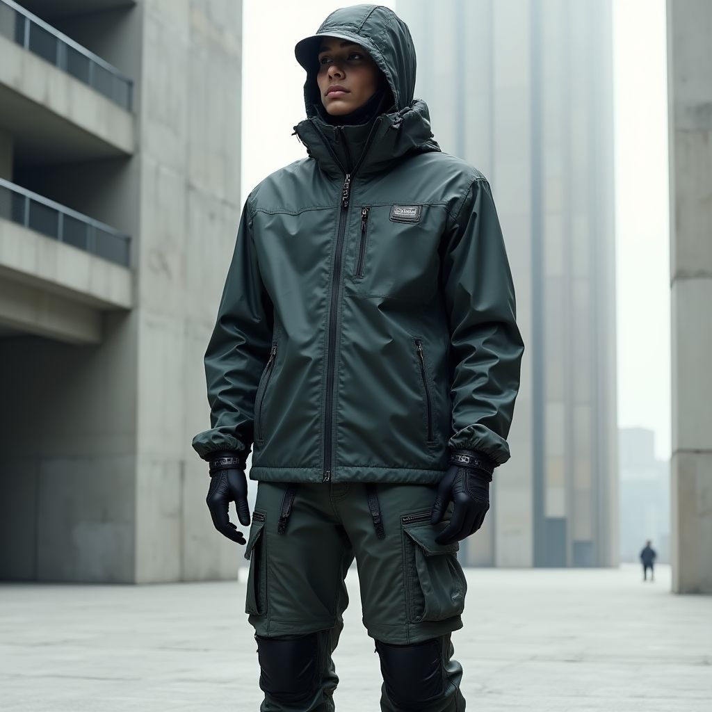 A man in a techwear jacket standing in a modern urban environment.