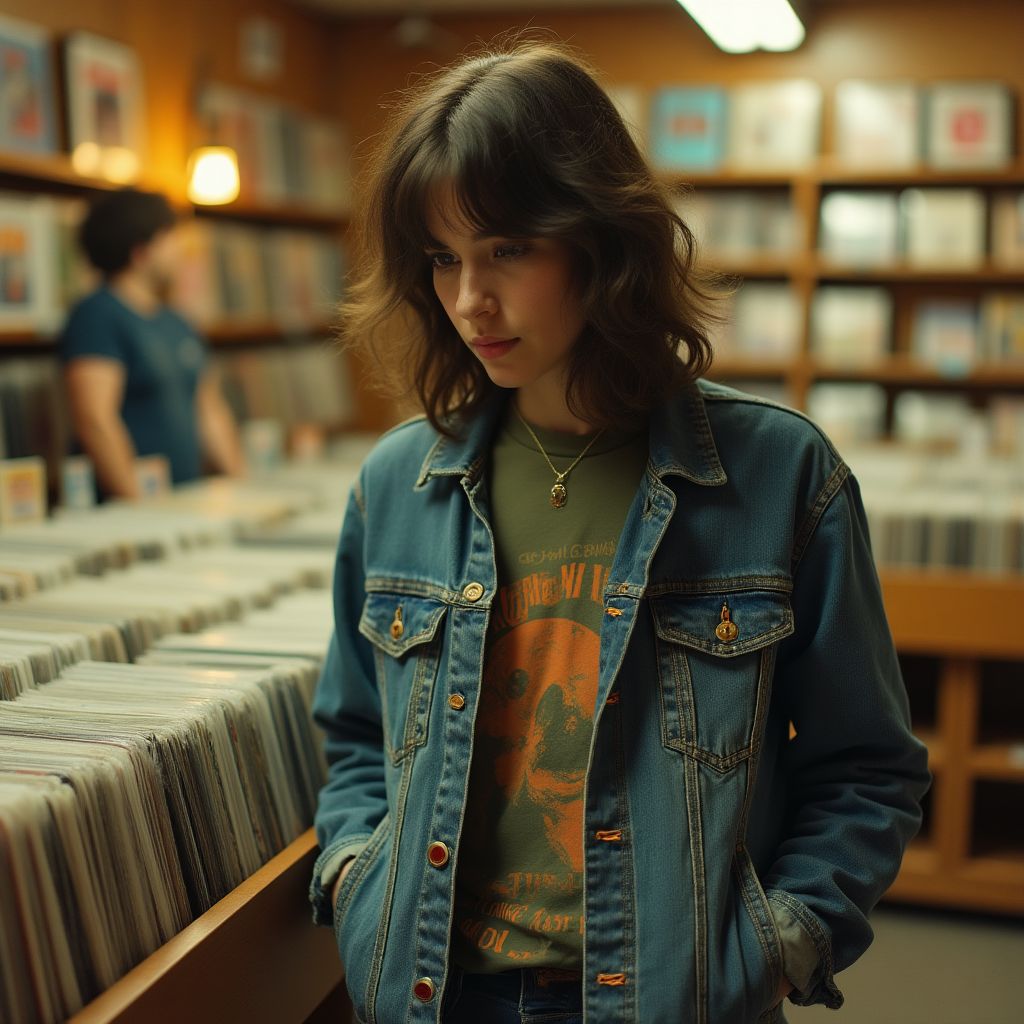 A person wearing vintage denim and a retro band t-shirt.